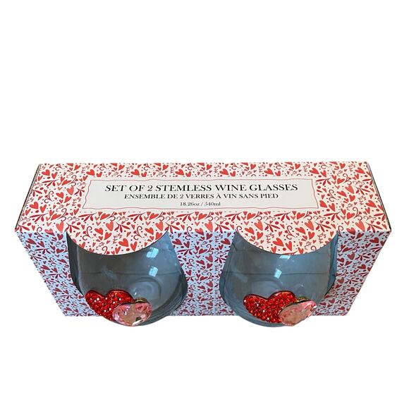 Valentines Day Jeweled HEARTS Stemless Wine Glasses Set of 2 Red & Pink New - Picture 2 of 14